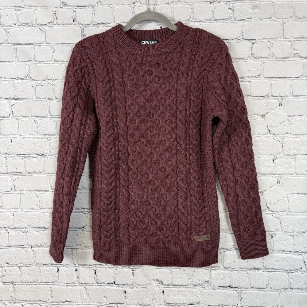 Icewear Halldis Cable Knit Sweater Icelandic Wool Womens XS Maroon Crewneck Cozy